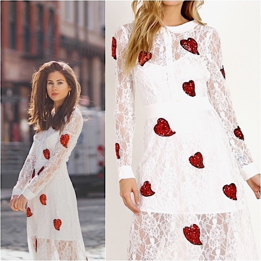 NWT FOR LOVE & LEMONS x JAMIE KING White Lace Red Sequin Hearts Midi Dress Sz S - Picture 5 of 14
